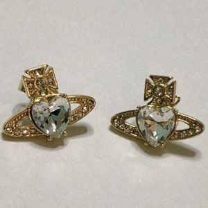 Vivienne Westwood gold heart clear crystal signature Orb stud earrings